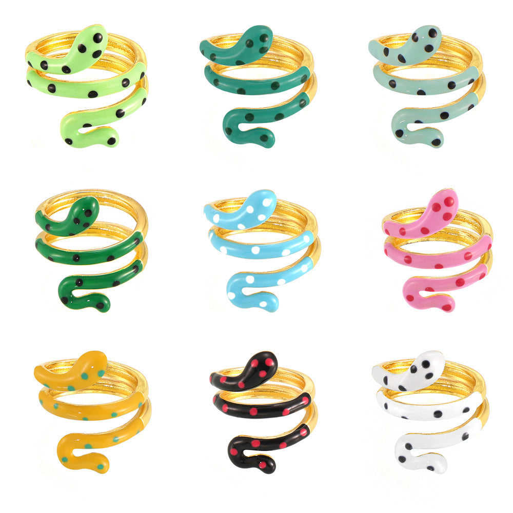 Wholesale Bohemian style color oil drop snake copper ring ins sweet cool hot girl open finger ring color retention in stock supply
